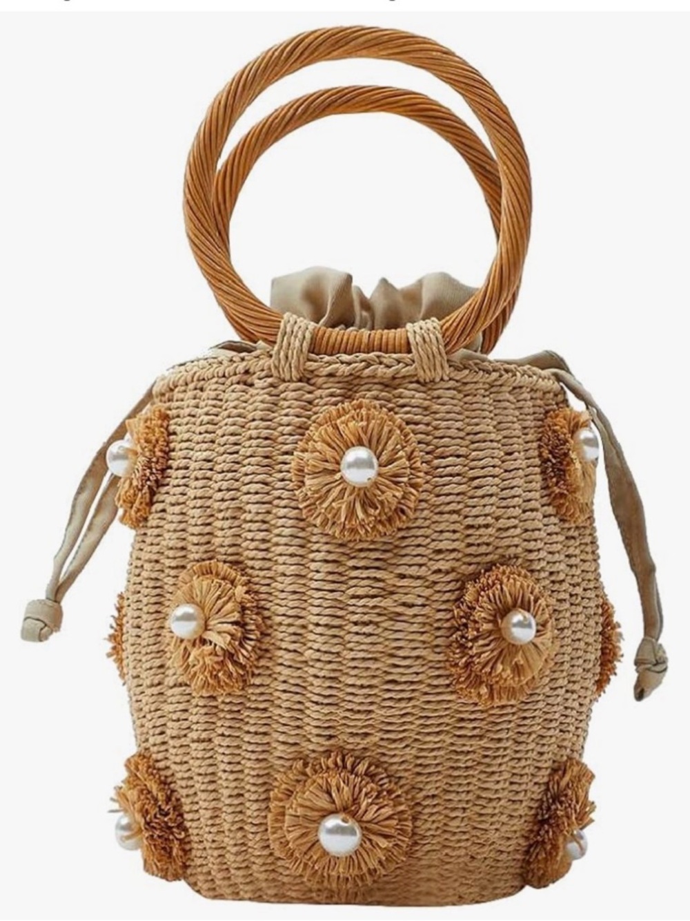 NEW Straw Pearl Accent Bucket Bag